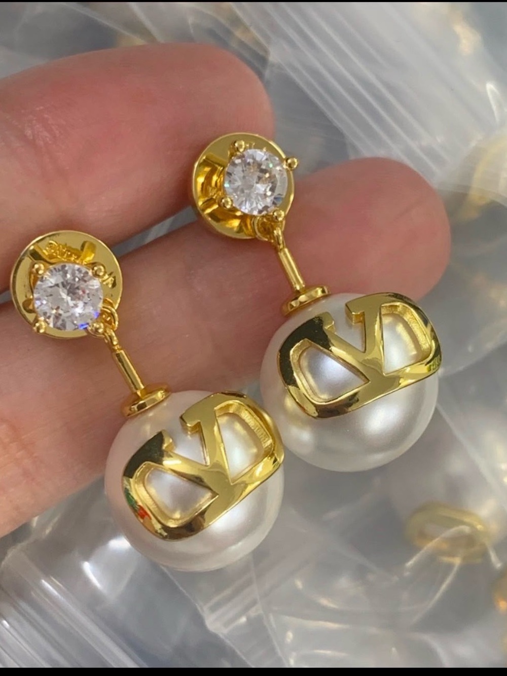 Gold-Tone Pearl Drop V Earrings with Crystal Stud - Designer Inspired